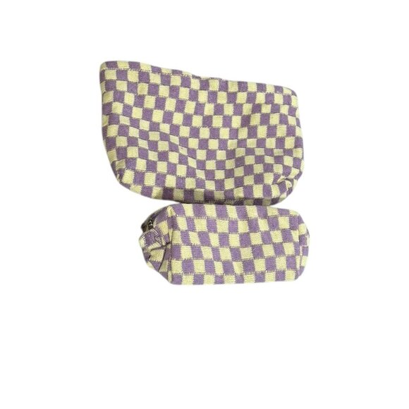 NEW 2Pcs Checkered Cosmetic Bag and Brush Bag - Yellow/Purple - Picture 2 of 7